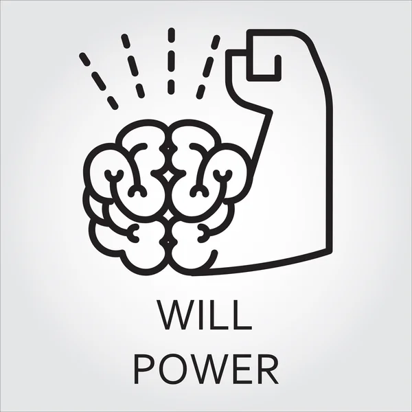 Icono de vector de línea plana negra con una imagen de fuerza de voluntad como cerebro y mano muscular sobre fondo blanco . — Vector de stock