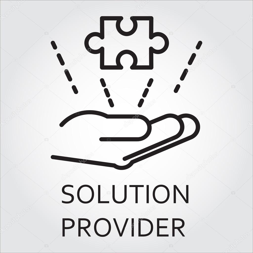 Black flat line vector icon with a picture of solution provider as hand giving puzzle on white background.
