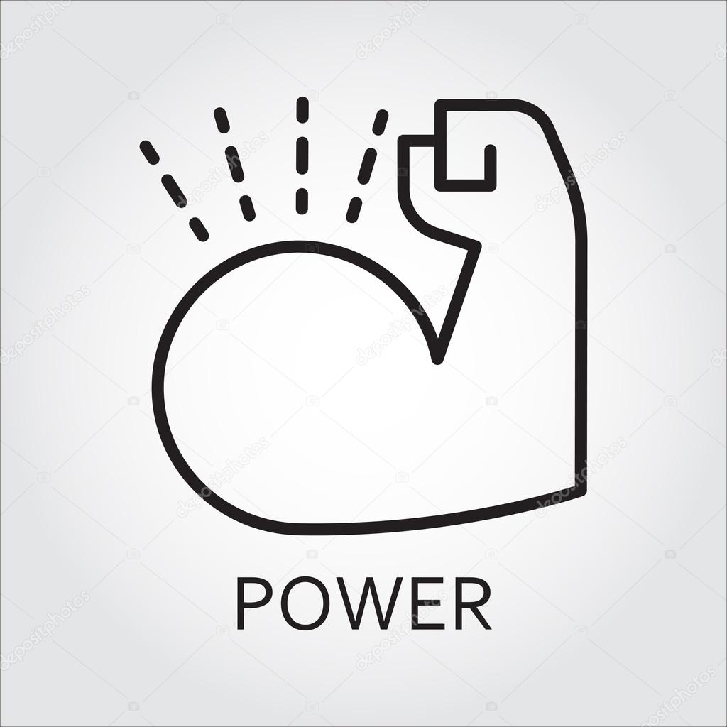 Black flat line vector icon with a picture of power as muscle hand on white background.