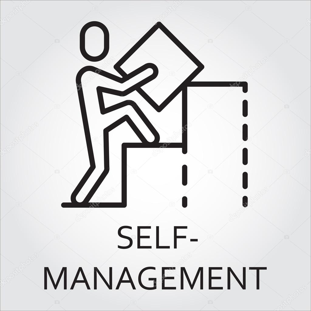 Black flat line vector icon with a picture of self-management as man builds a graph on white background.
