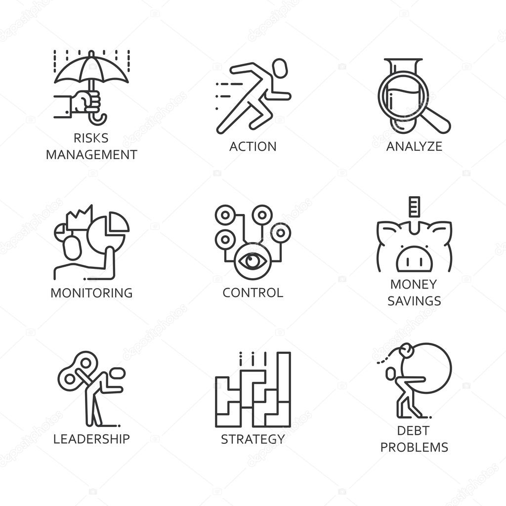 Black flat line vector set icons with a picture of a symbol business process and conducting business on white background.