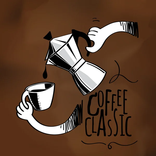 Σκιαγραφώντας καφές κατσαρόλα βάλτε τον καφέ σε ένα ποτήρι — Διανυσματικό Αρχείο