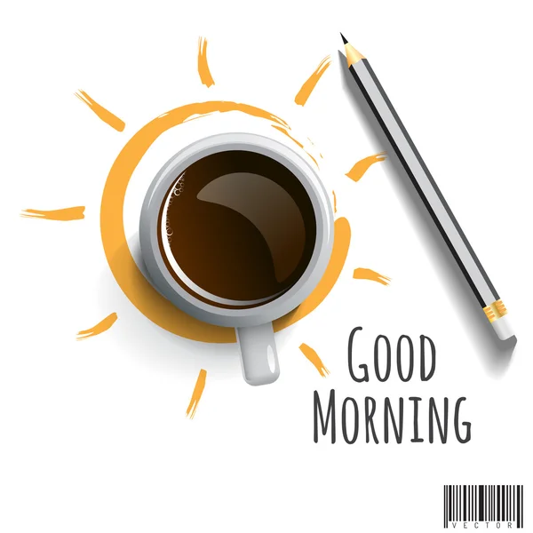 Morning Coffee with pencil and wording Good morning — Stock Vector