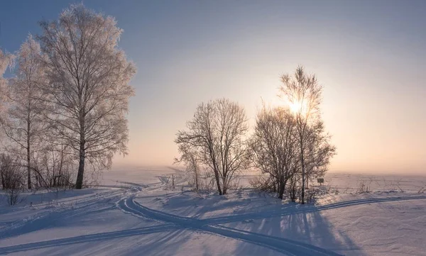 Matin Hiver Ensoleillé Une Piste Ski Dans Neige Mène Brouillard — Photo