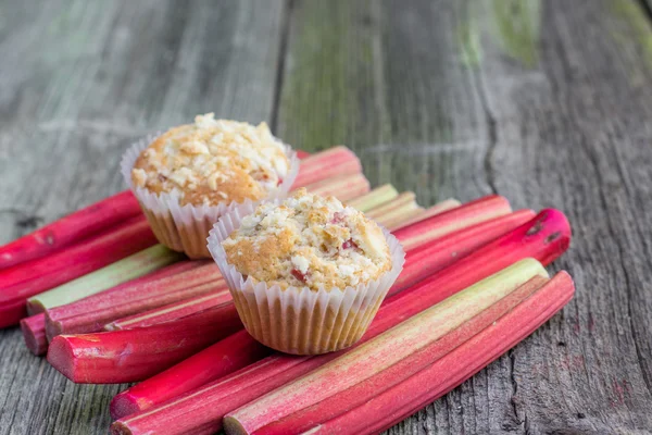 Deux muffins à la rhubarbe sur un périole de rhubarbe — Photo