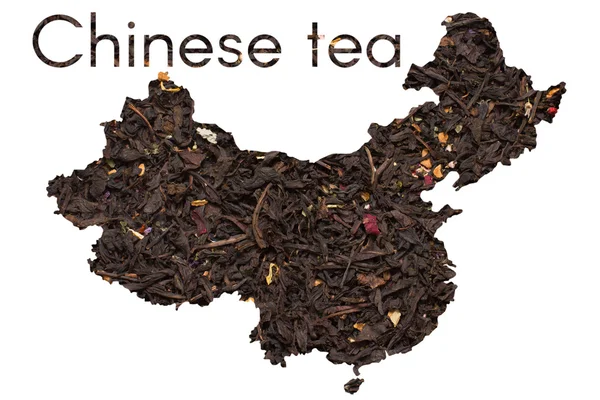 China forma de mapa feito de folhas de chá preto com flores e fru — Fotografia de Stock