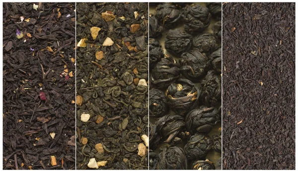 Сорта чая зеленые черные шарики и цветочный коллаж — стоковое фото