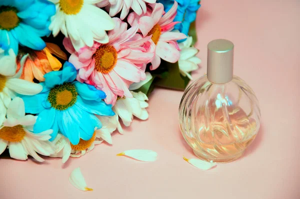 Frühlingsstilleben Bouquet aus farbigen Chrysanthemen und Parfüms auf rosa Hintergrund — Stockfoto