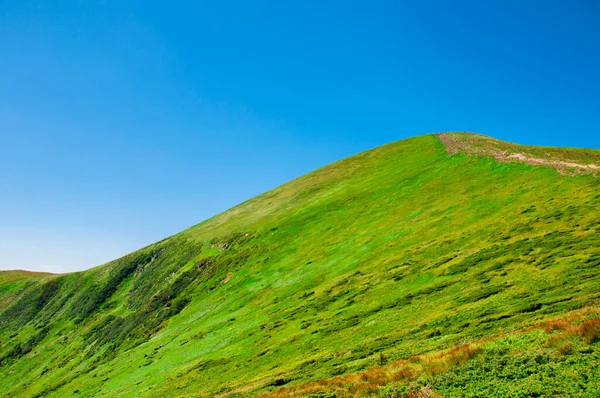 Piękne, letnie zbocza gór pokryte zieloną, młodą trawą na tle błękitnego nieba, podróże — Zdjęcie stockowe