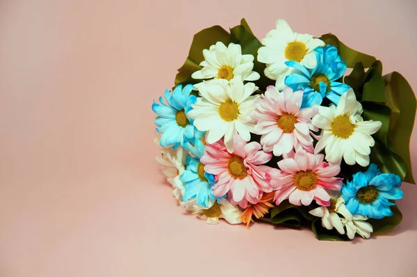 Ein kleiner Strauß bunter Chrysanthemen auf rosa Hintergrund — Stockfoto