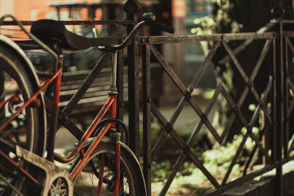 Eski şehrin göbeğindeki bir parka park edilmiş eski model bir bisiklet.