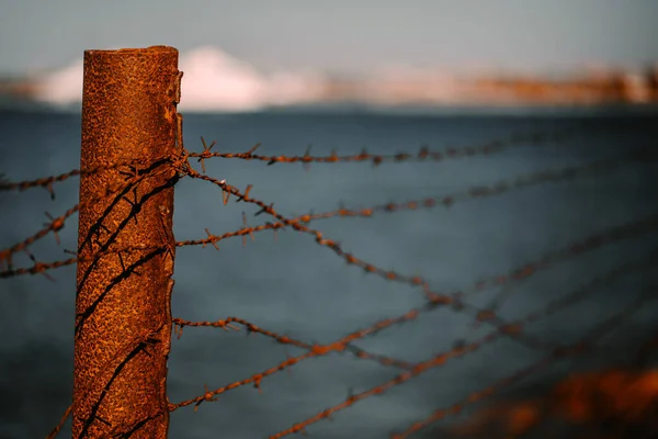 Part Pillar Holds Old Rusty Barbed Wire Perimeter Security — Stock Fotó
