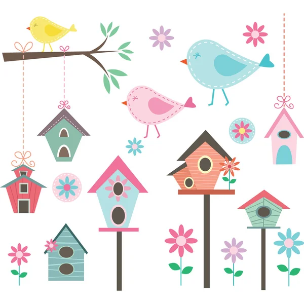 Lilla fågel, fågelhus, fåglar och blommor, grenar, samlingar — Stock vektor