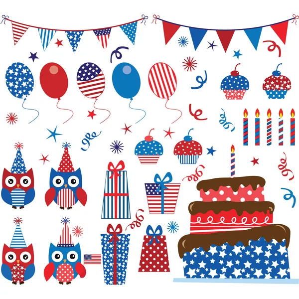 Set di partito del 4 luglio Patriotic Owls — Vettoriale Stock