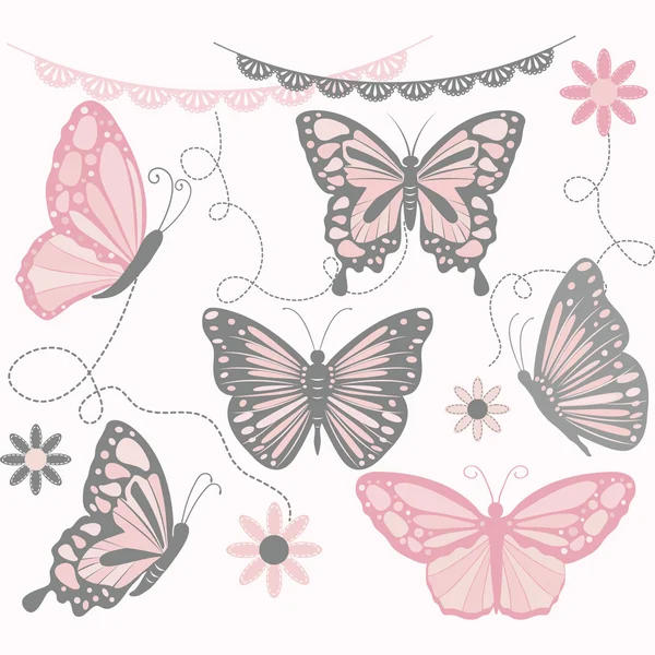 Pink and Grey Butterfly Collections.Butterfly Silhouette,Flower,Lace Border,Invitations. — Stock Vector