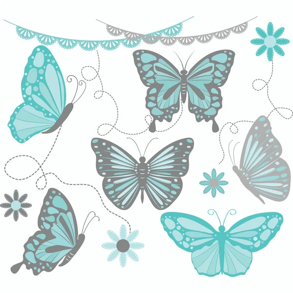 Aqua e borboleta cinza Collections.Butterfly Silhouette, Flor, Lace Border, Convites . — Vetor de Stock