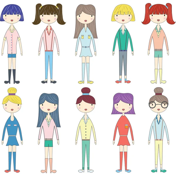 Fille mignonne, Jolies filles, Fashion Style Girl set — Image vectorielle