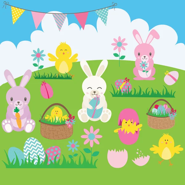 Paashaas instellen. Mand, bloem, konijn, Bunting, paasei, Easter Chicks. — Stockvector