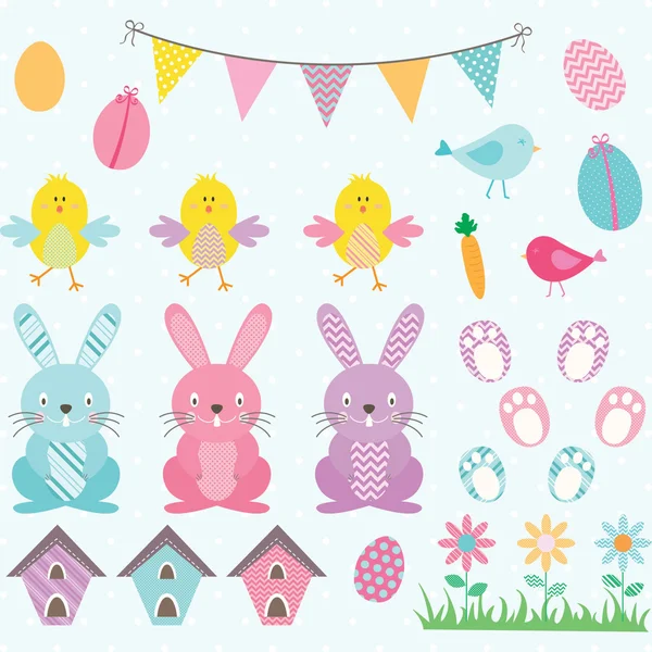 Easter Bunny Chicks Collections.Bunting Banner,Easter Eggs,Flower,Bird House. — Stock Vector