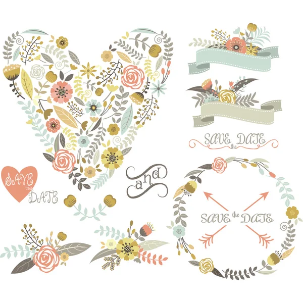 婚礼花艺 Collection.Elements.Labels,Ribbons,Hearts,Arrows,Flowers,Wreaths,Laurel. — 图库矢量图片