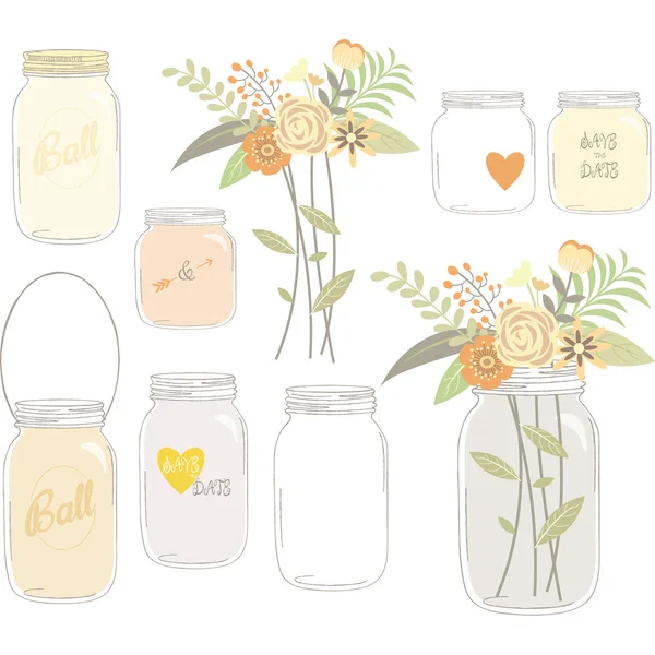 Flores de boda vintage con Mason Jar — Vector de stock