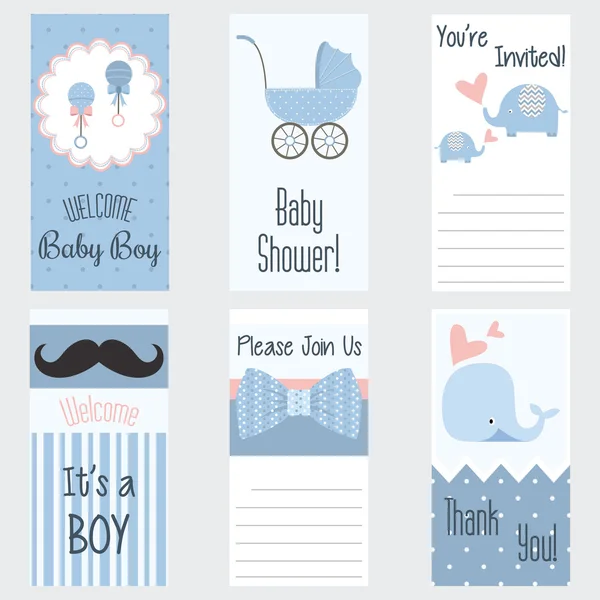 Baby Shower meghívó Card.It meg egy Boy.Baby zuhany üdvözlés Card.Baby fiú tusolók. — Stock Vector