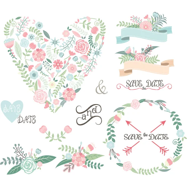 Bröllop Floral in. Etiketter, band, hjärtan, pilar, blommor, kransar — Stock vektor