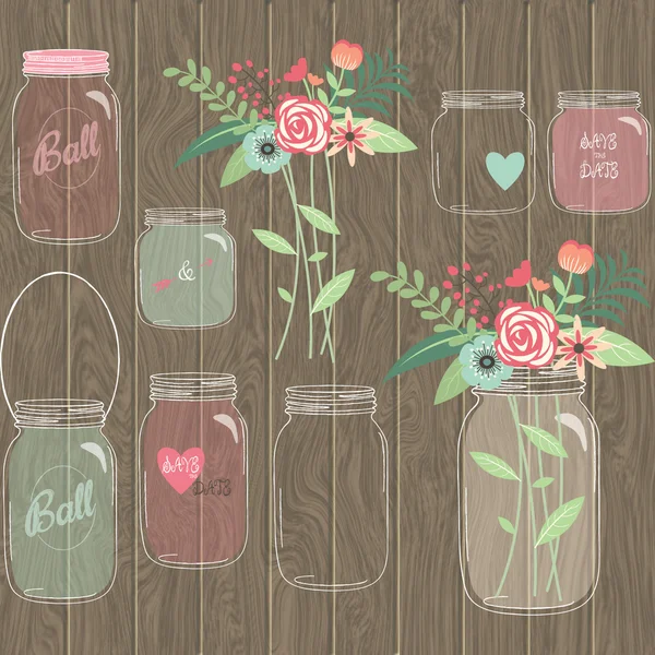 Boda Mason Jar Colecciones florales — Vector de stock