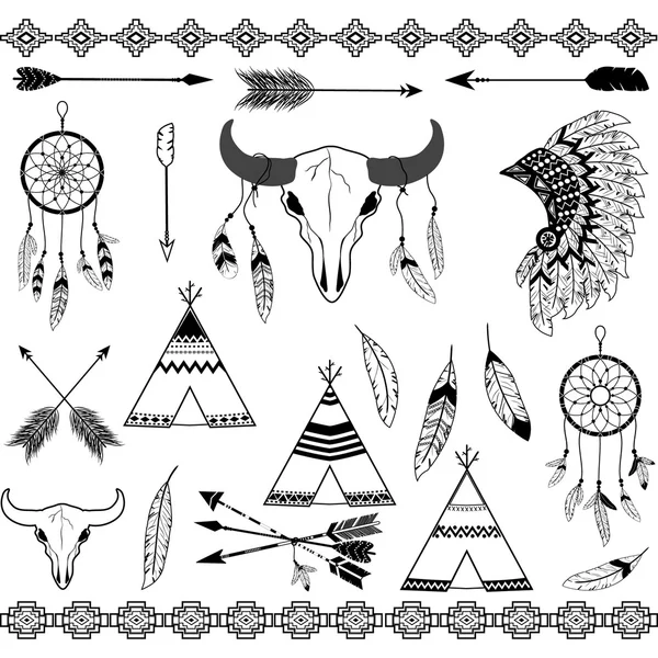 Elementi decorativi tribali.Bianco e nero.Piume, Acchiappasogni indiano, Freccia, Tribale azteco, Copricapo di piume, Tee Pee Tents, Teschio — Vettoriale Stock