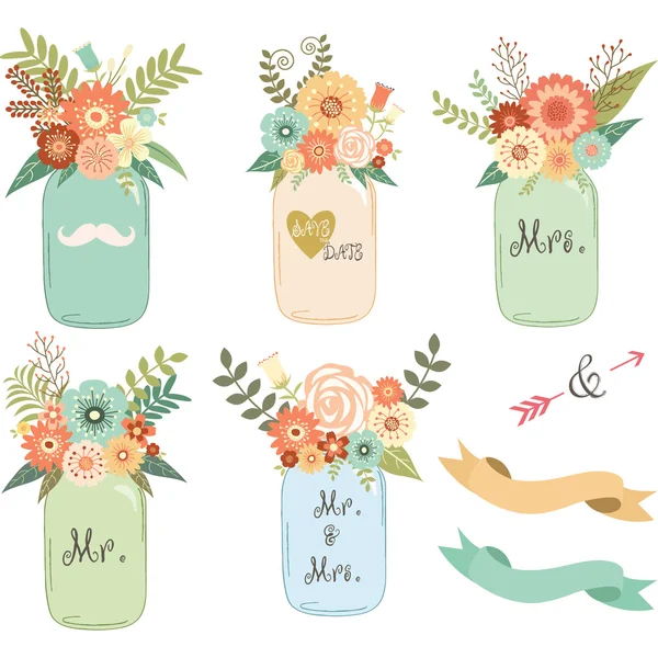 Mason Jar Colecciones de flores de boda — Vector de stock