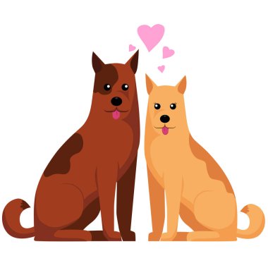 Köpekler, pembe kalple oturan erkek ve dişi çiftler.