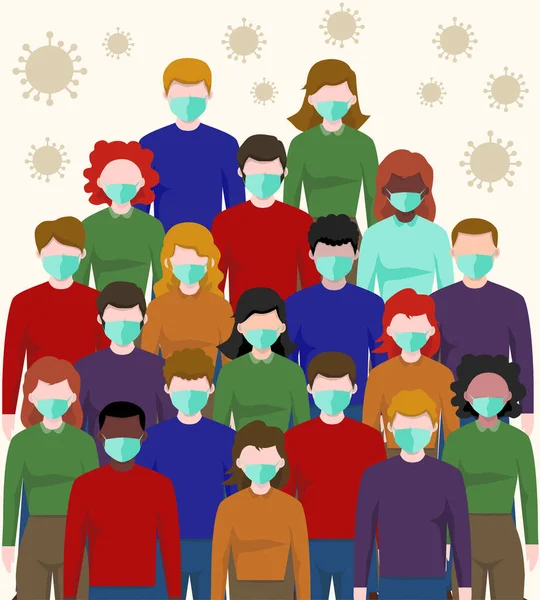 People Men Women Togather Wearing Mask Crowd Avoiding Corona Virus — Stock Vector