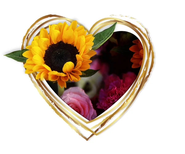 Hearts Shaped Paper Cut Golden Line Yellow Sunflowers — Stock Photo, Image