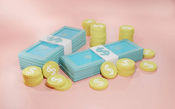 Pembe arka plana para ve bozuk para yığar. Asgari para dolar nakit ikonu. Ekonomi, finans, zengin, hazine işareti 3D. 3d resimleme
