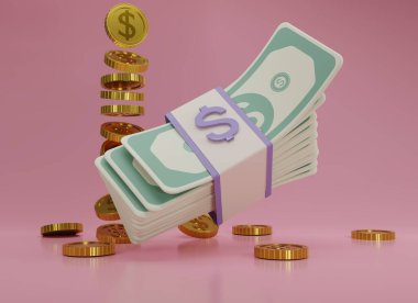 3D render demet nakit ve altın sikkeler pembe arka plana düşüyor. Dolar banknotları ve madeni para ikonu. Asgari para dolar nakit ikonu. Ekonomi, finans, zengin, hazine işareti. 3d resimleme