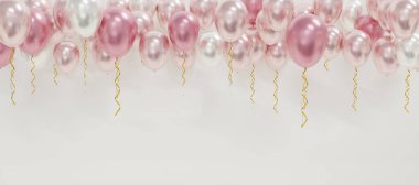 Parti İçin Uçan Pastel Balonlar ve Beyaz Arkaplanda izole edilmiş mesaj veya mesajlar için Boşlukla Kutlamalar. Doğum günü için yüzen pembe balonlar, parti. Asgari yaratıcı fikir. 3d oluşturma.