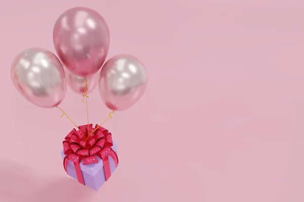 Palloncini Rosa Confezione Regalo Con Nastro Rosso Celebrazioni Con Spazio — Foto Stock