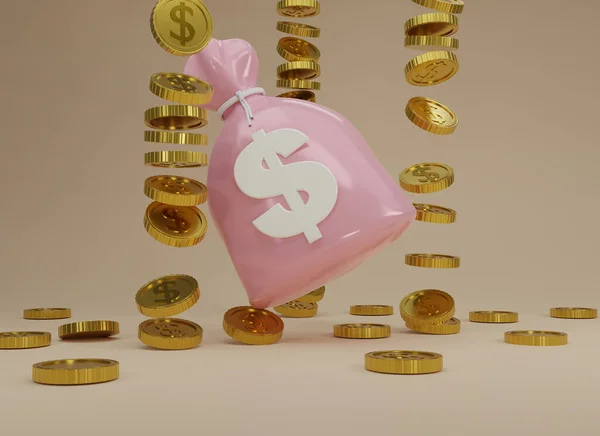 Rendering Pink Moneybag Stack Monete Oro Stanno Cadendo Isolate Sfondo — Foto Stock