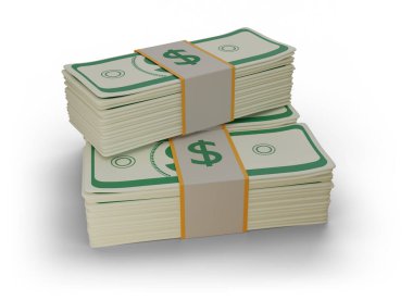 Beyaz arka planda nakit para var. ABD Doları banknotları beyaz arka planda yığılıyor. Asgari para dolar nakit ikonu. Ekonomi, finans, zengin, hazine işareti 3D. 3d resimleme