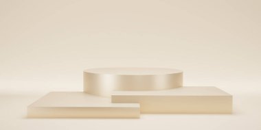 Soyut bej rengi ve arka planında stüdyo arkaplanı var. 3D altın işlemeli boş ekran ya da ürün göstermek için temiz oda. Podyum gösterisi ya da vitrin için minimalist bir model. 3 Boyutlu Hazırlama.