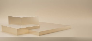 Soyut bej rengi ve arka planında stüdyo arkaplanı var. 3D altın işlemeli boş ekran ya da ürün göstermek için temiz oda. Podyum gösterisi ya da vitrin için minimalist bir model. 3 Boyutlu Hazırlama.