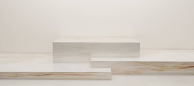 3 boyutlu premium podyum bej mermer küpten yapılmış. Sergiler için hazırlan, ürünlerin sunumu, promosyon satışı, terapi, rahatlama, sağlık, pankart, indirim, fotokopi alanı ile kozmetik. 3B görüntüleme