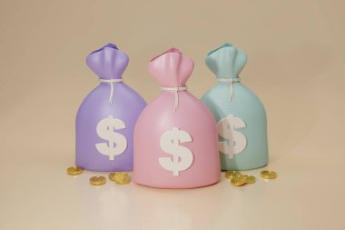 3 boyutlu para çantası çizimi basit bir karikatür. Para çantası ikonu, 3 para çantası ve bej arka planda izole edilmiş madeni paralar. Nakitsiz toplum konsepti. Büyüme, gelir, tasarruf, yatırım, zenginlik. 3d oluşturma.