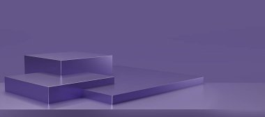 Metalik mor podyum ve stüdyo arka planlı hafif fon. Mor Boş Sergi ya da ürün göstermek için temiz oda. Podyum gösterisi ya da vitrin için minimalist bir model. 3B görüntüleme.