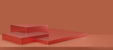 Metalik turuncu podyum ve stüdyo arka planlı hafif arka plan. Turuncu boş ekran ya da ürün göstermek için temiz oda. Podyum gösterisi ya da vitrin için minimalist bir model. 3B görüntüleme.