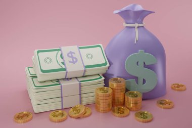 Para desteleri, bozuk paralar ve pembe arka planda para torbaları. Asgari para dolar nakit ikonu. Ekonomi, finans, zengin, hazine işareti 3D. 3d resimleme.