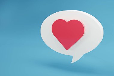 Minimum kırmızı kalp ya da aşk sohbet balonu. Bizimle irtibata geçin ya da mavi arkaplanda üç boyutlu sohbet simgesi oluşturun. İletişim kavramı, sosyal medya mesajları, SMS, yorumlar. 3d oluşturma