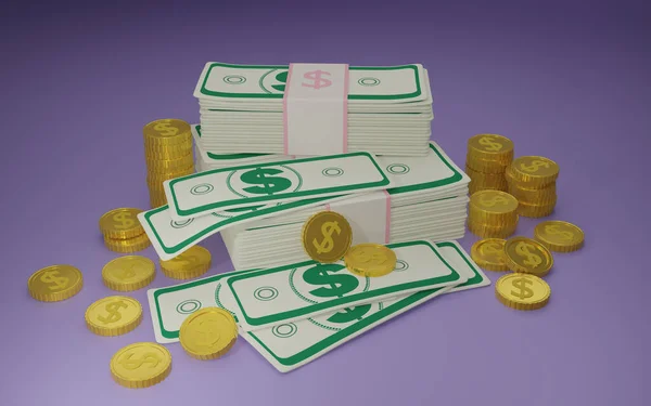Пакеты Наличных Денег Золотой Стек Долларовых Монет Фиолетовом Фоне Минимальный — стоковое фото