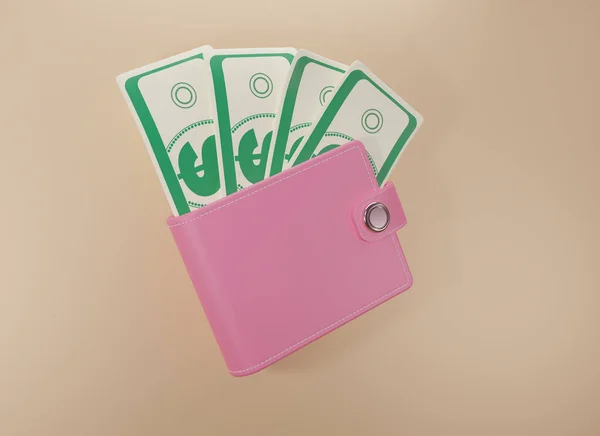 Розовый Кожаный Бумажник Долларовой Купюрой Рендер Розовым Кошельком Наличными Бежевом — стоковое фото