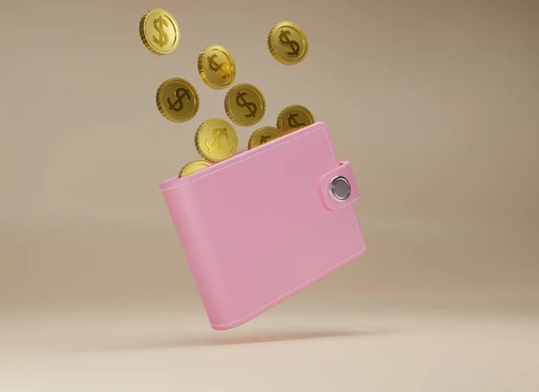 Rendering Wallet Gold Coins Beige Background Falling Coins Pink Purse — Stock Photo, Image